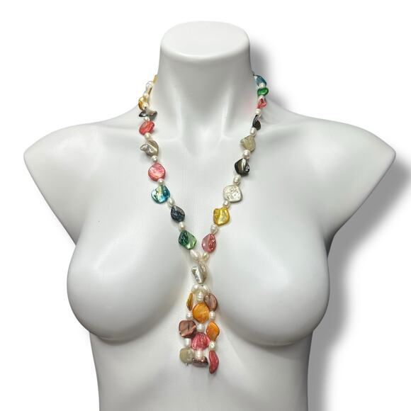 Freshwater Baroque Pearl Necklace Tassel Rainbow Multicolor Beach Ocean Wedding - Picture 14 of 14